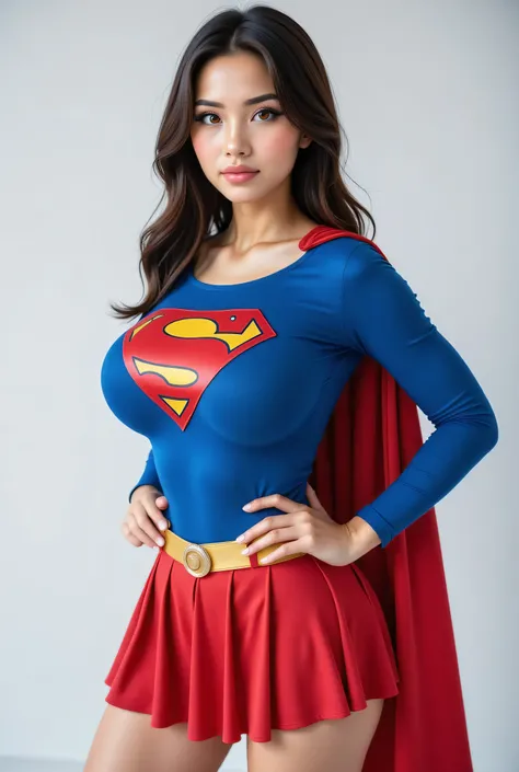 a young asian woman in a superman costume poses for a picture, supergirl, super-hero girl, dressed as SUPERMAN, super heroine costume, cosplay photo, full-cosplay, publicity cosplay, professional cosplay, super hero, jessica nigri, gal gadot as supergirl, ...