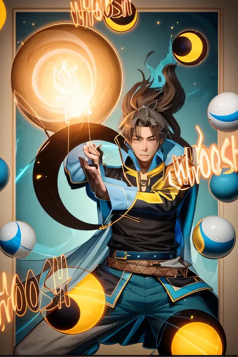 Young man depicted with a dynamic pose, brown hair, ponytail, standing with one hand extended as if casting a spell or summoning energy. The outfit consists of a blue and white top with yellow accents, brown pants, and a distinctive belt. A flowing blue gr...