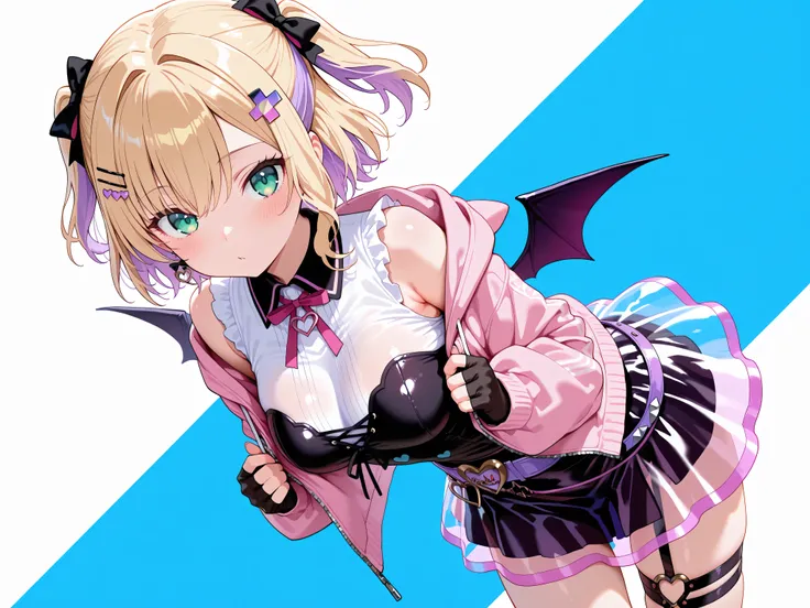 masterpiece,best quality, amazing quality, highres, absurdres, very aesthetic, high resolution, ultra detailed, perfect details,noah1, short hair, blonde hair, purple hair, two side up, hair bow, hairclip, hair ornament, green eyes, demon wings, breasts, n...