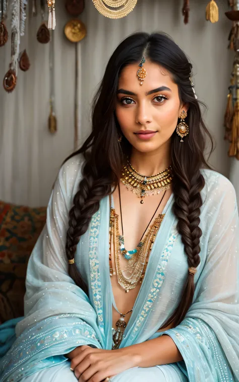 Portrait of a 26-year-old woman with aesthetics Boho-mysticism, serene and deep look. has long , dark and loose, decorated with fine braids, small feathers and natural stones. bright blue eyes, luminous white tanned skin, soft makeup with touches of ether...