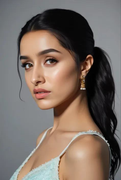 (masterpiece, best quality:1.2), 1girl, solo, Shraddha,1girl, asymmetrical hair, black hair, brown eyes, closed mouth, collarbone, dress, earrings, forehead, grey background,