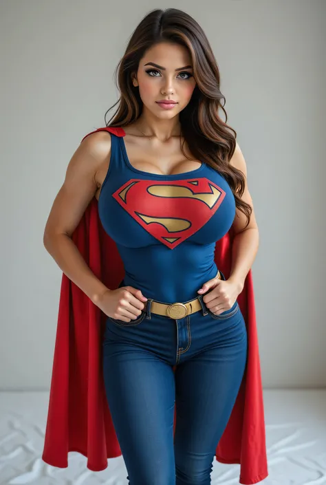 a young FEMALE in a superman costume poses for a picture, supergirl, super-hero girl, dressed as SUPERMAN, super heroine costume, cosplay photo, full-cosplay, publicity cosplay, professional cosplay, super hero, jessica nigri, gal gadot as supergirl, full ...