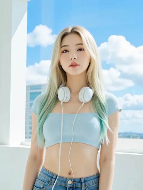 A young, attractive Asian woman is standing indoors in front of a large window with a clear view of a bright blue sky filled with fluffy white clouds. She has long, straight hair that fades from light blonde at the roots to soft teal green at the ends, sty...