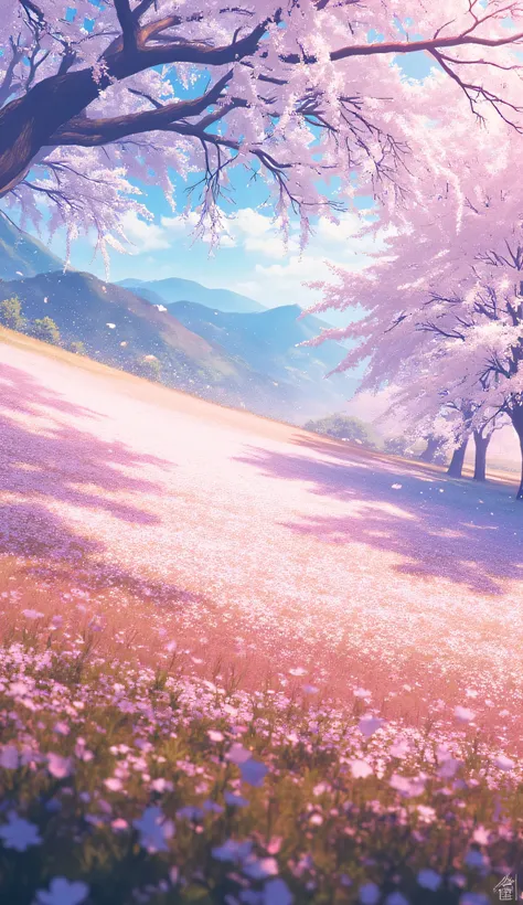 peaceful flower field in spring with cherry blossom trees in full bloom, soft petals floating in the breeze, gentle hills in the background, warm sunlight with pastel tones, dreamy and serene fantasy landscape, ultra-detailed digital painting, anime-style ...