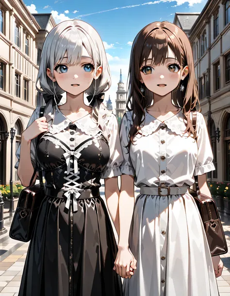 (score_9, score_8_up, score_7_up), source_anime, absurd_res, white, blue, black, (2girls), super fine illustration, an extremely delicate and beautiful, best quality, masterpiece, 8K, (upper body:1.4), Marika, Sena, back to back pose, silver hair, black ha...