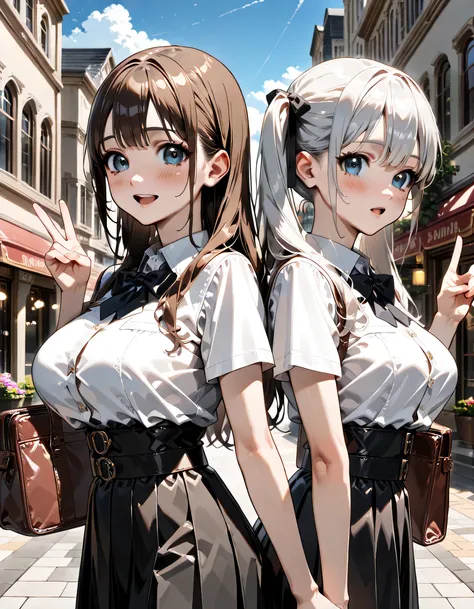 (score_9, score_8_up, score_7_up), source_anime, absurd_res, white, blue, black, (2girls), super fine illustration, an extremely delicate and beautiful, best quality, masterpiece, 8K, (upper body:1.4), Marika, Sena, back to back pose, silver hair, black ha...