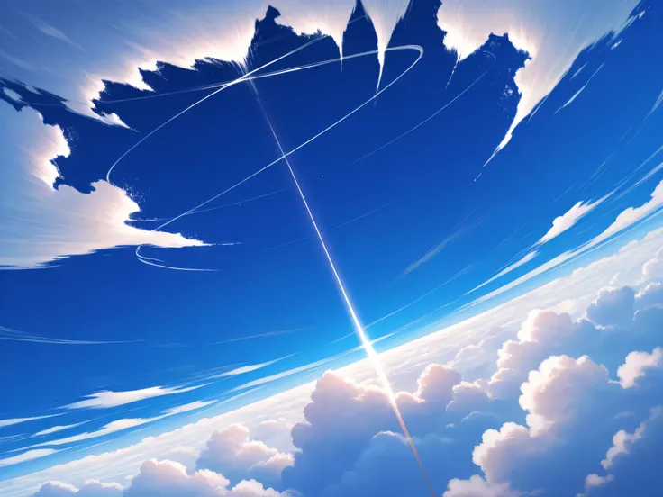 Image is a digital artwork depicting a vast, vibrant sky filled with fluffy, white cumulus clouds against a deep blue background. The clouds are intricately detailed, with varying shades of white and light gray, creating a sense of depth and movement. The ...