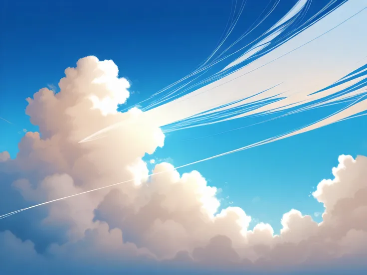 Image is a digital artwork depicting a vast, vibrant sky filled with fluffy, white cumulus clouds against a deep blue background. The clouds are intricately detailed, with varying shades of white and light gray, creating a sense of depth and movement. The ...