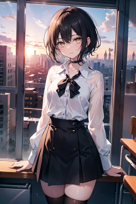 (masterpiece), (best quality), ultra detailed, finely detailed color, cenematic painting, anime lady, model, ((one lady)), 20-years-old, cute face, black hair, short hair, straight hair, standing, chocker, black blazer, white blouse, highschool uniform, th...