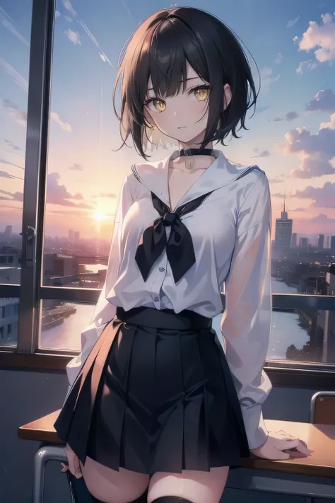 (masterpiece), (best quality), ultra detailed, finely detailed color, cenematic painting, anime lady, model, ((one lady)), 20-years-old, cute face, black hair, short hair, straight hair, standing, chocker, black blazer, white blouse, highschool uniform, th...