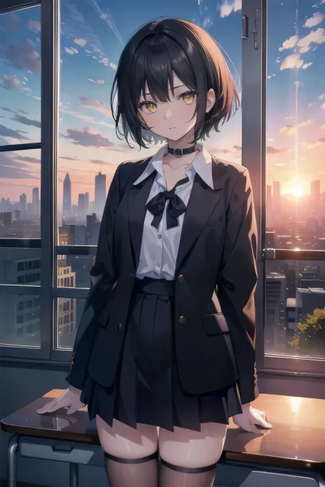 (masterpiece), (best quality), ultra detailed, finely detailed color, cenematic painting, anime lady, model, ((one lady)), 20-years-old, cute face, black hair, short hair, straight hair, standing, chocker, black blazer, white blouse, highschool uniform, th...