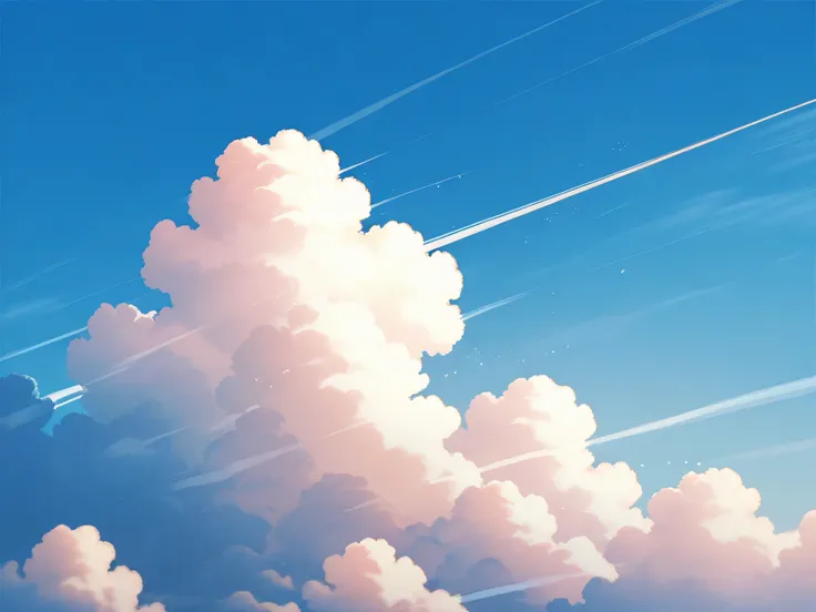Image is a digital artwork depicting a vast, vibrant sky filled with fluffy, white cumulus clouds against a deep blue background. The clouds are intricately detailed, with varying shades of white and light gray, creating a sense of depth and movement. The ...