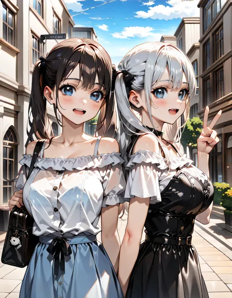 (score_9, score_8_up, score_7_up), source_anime, absurd_res, white, blue, black, (2girls), super fine illustration, an extremely delicate and beautiful, best quality, masterpiece, 8K, (upper body:1.3), Marika, Sena, back to back pose, silver hair, black ha...