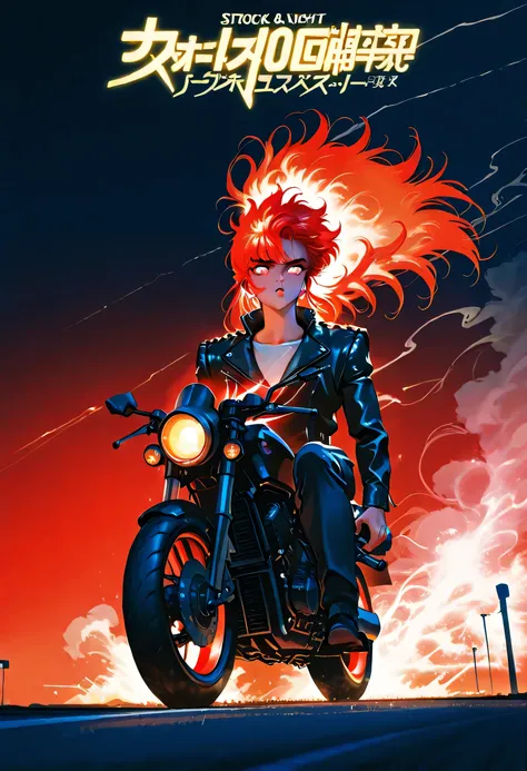 A roaring black motorcycle speeding down a desert highway at night, neon lights reflecting off chrome, a lone male rider with leather jacket and wind-blown hair, glowing red horizon, retro 80s rock album cover style, cinematic lighting, intense energy, gra...