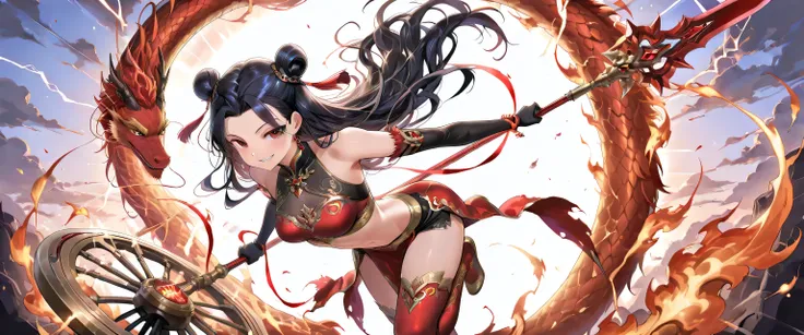 (masterpiece, best quality, ultra detailed, chinese mythology fantasy style, 4k), a fierce and enchanting female version of Nezha (Na Tra), riding atop her blazing flame wheels (Phong Hỏa Luân) high in the sky. Her pose is dynamic and commanding — one leg ...