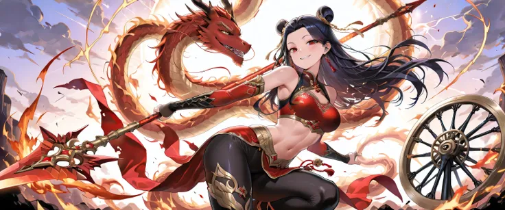 (masterpiece, best quality, ultra detailed, chinese mythology fantasy style, 4k), a fierce and enchanting female version of Nezha (Na Tra), riding atop her blazing flame wheels (Phong Hỏa Luân) high in the sky. Her pose is dynamic and commanding — one leg ...