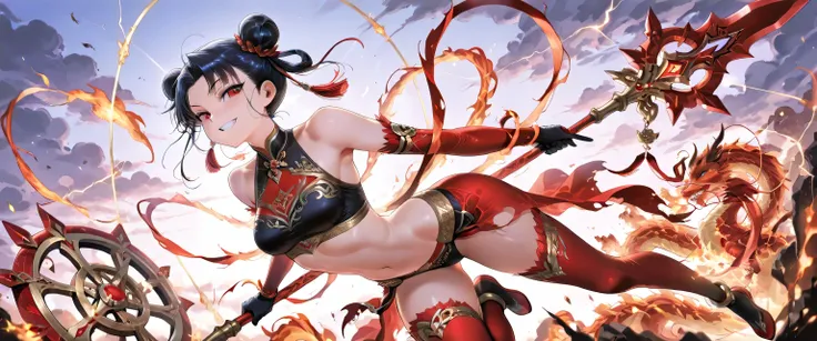(masterpiece, best quality, ultra detailed, chinese mythology fantasy style, 4k), a fierce and enchanting female version of Nezha (Na Tra), riding atop her blazing flame wheels (Phong Hỏa Luân) high in the sky. Her pose is dynamic and commanding — one leg ...