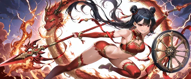 (masterpiece, best quality, ultra detailed, chinese mythology fantasy style, 4k), a fierce and enchanting female version of Nezha (Na Tra), riding atop her blazing flame wheels (Phong Hỏa Luân) high in the sky. Her pose is dynamic and commanding — one leg ...
