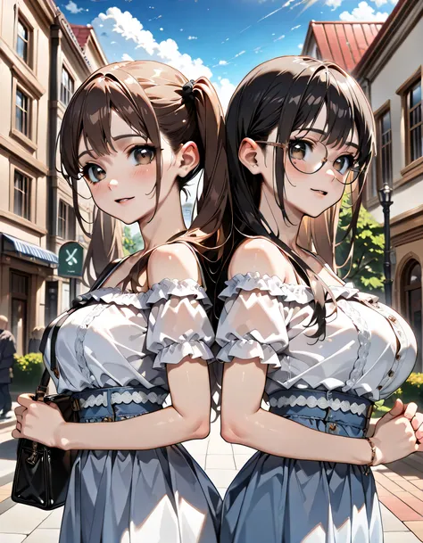 (score_9, score_8_up, score_7_up), source_anime, absurd_res, white, blue, black, (2girls), super fine illustration, an extremely delicate and beautiful, best quality, masterpiece, 8K, (upper body:1.3), Marika, Sena, back to back pose, silver hair, black ha...