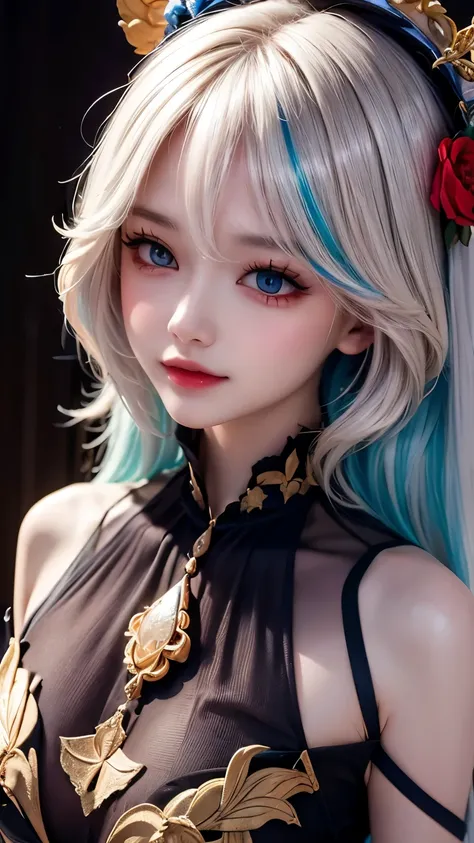 (Furina_(genshin_impact)), smile, masterpiece, best quality, 1girl, solo, (colorful, multicolored hair, streaked hair:1.2), (Masterpiece, Best Quality:1.3), highres, (8k resolution), , floating, full angle view, hyperrealistic, raytracing, extremely deta...