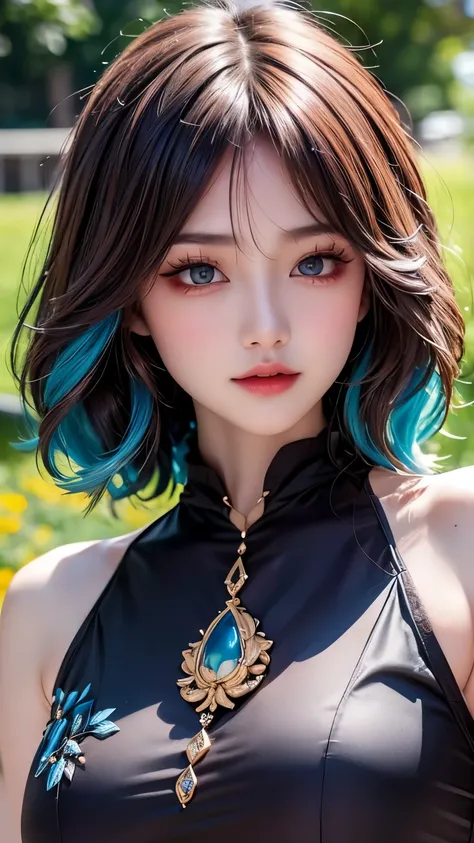 (Furina_(genshin_impact)), smile, masterpiece, best quality, 1girl, solo, (colorful, multicolored hair, streaked hair:1.2), (Masterpiece, Best Quality:1.3), highres, (8k resolution), , floating, full angle view, hyperrealistic, raytracing, extremely deta...