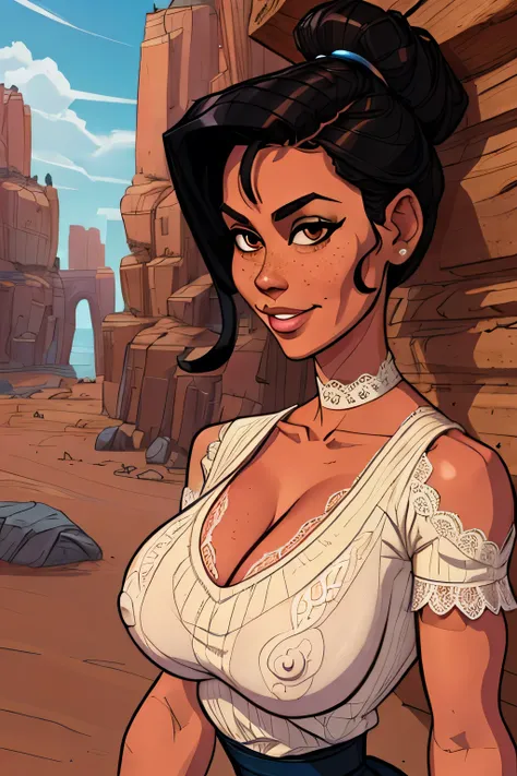 ( Absurdo, hd , Ultra detailed, be careful with your hand ) Close-up view of a slim and athletic woman, 25 anos, 8k (( high definition )), MYSTERIOUS SMILE, look seductive, brown eyes sweater, wearing a long royal black high-waisted dress (( with lace V-n...
