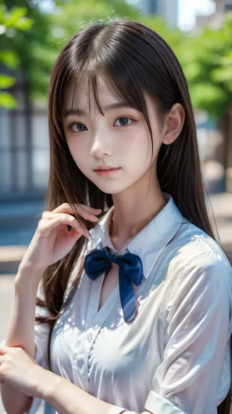 Asian woman wearing a white shirt and blue tie, Sakihime-chan , seifuku, shikamimi, Young Japanese Girl's, Sakimi-chan, japanese model, an anime girl in real life, Chiho, Yoshitomo Nara, Japanese Female Student Uniform, wearing a Japanese school uniform ,...