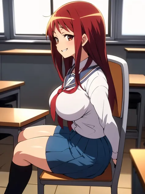 inside classroom, anime style, 8k, masterpiece, ultra high res, from side, focus upper body, break wearing school uniform, red hair, long hair, seductive smile, tall, busty, sitting chair,