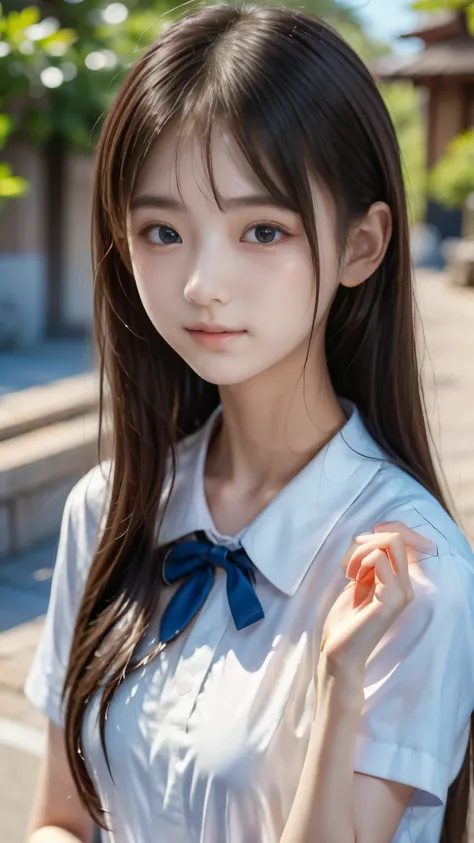 Asian woman wearing a white shirt and blue tie, Sakihime-chan , seifuku, shikamimi, Young Japanese Girl's, Sakimi-chan, japanese model, an anime girl in real life, Chiho, Yoshitomo Nara, Japanese Female Student Uniform, wearing a Japanese school uniform ,...