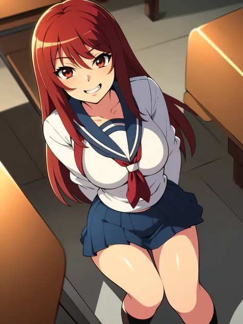 inside classroom, anime style, 8k, masterpiece, ultra high res, from above, focus face, break wearing school uniform, red hair, long hair, seductive smile, tall, have a coffee cup,