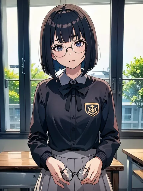inside classroom, anime style, 8k, masterpiece, ultra high res, focus upper body, 1 girl, break wearing school uniform, round glasses, thick frames glasses, black frames glasses , break blunt bangs bob hair, moon face,