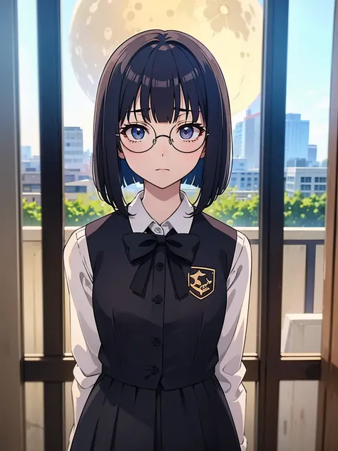 inside classroom, anime style, 8k, masterpiece, ultra high res, focus upper body, 1 girl, break wearing school uniform, round glasses, thick frames glasses, black frames glasses , break blunt bangs bob hair, moon face,