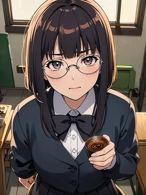 inside classroom, anime style, 8k, masterpiece, ultra high res, from above, focus face, 1 girl, break wearing school uniform, round glasses, thick frames glasses, black frames glasses , break blunt bangs bob hair, moon face, have a coffee cup,