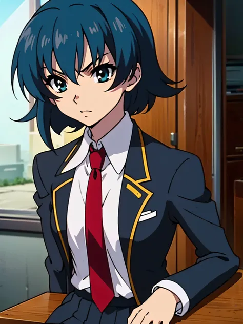 in room, anime style, 8k, masterpiece, ultra high res, focus upper body, medium bob hair, flip out hair, marine blue hair, angry, break wearing school uniform, black blazer, break red tie,