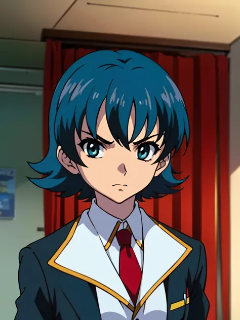 in room, anime style, 8k, masterpiece, ultra high res, focus upper body, medium bob hair, flip out hair, marine blue hair, angry, break wearing school uniform, black blazer, break red tie,