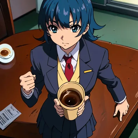 in room, anime style, 8k, masterpiece, ultra high res, from above, focus face, medium bob hair, flip out hair, marine blue hair, break wearing school uniform, black blazer, break red tie, have coffee cup,