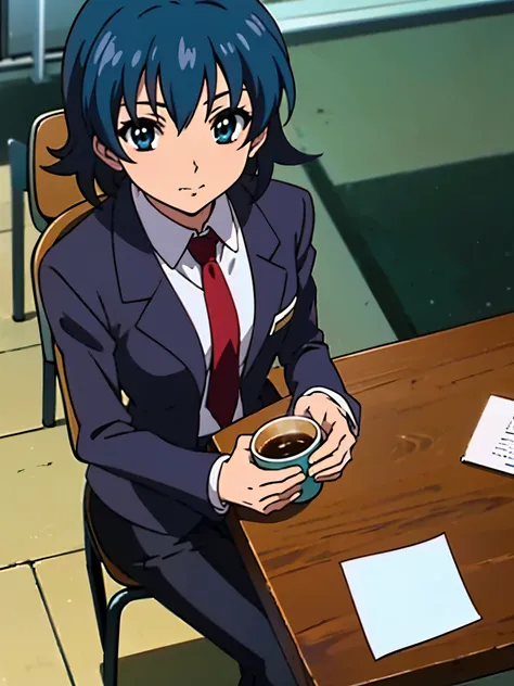 in classroom, anime style, 8k, masterpiece, ultra high res, from above, focus face, medium bob hair, flip out hair, marine blue hair, break wearing school uniform, black blazer, break red tie, have a coffee cup,