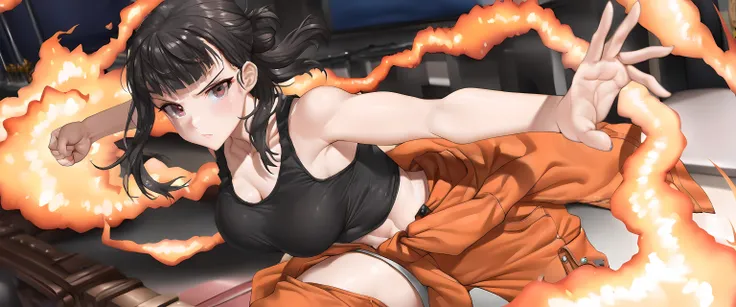 semirealistic, front view, dark background, bright orange flames in the background, 1 girl - Maki Oze from Fire Force, adult female, mature adult, long hair,
dark brown hair,
ponytail,
bright glowing purple eyes,
fit,
black crop tight tank top,
orange pant...