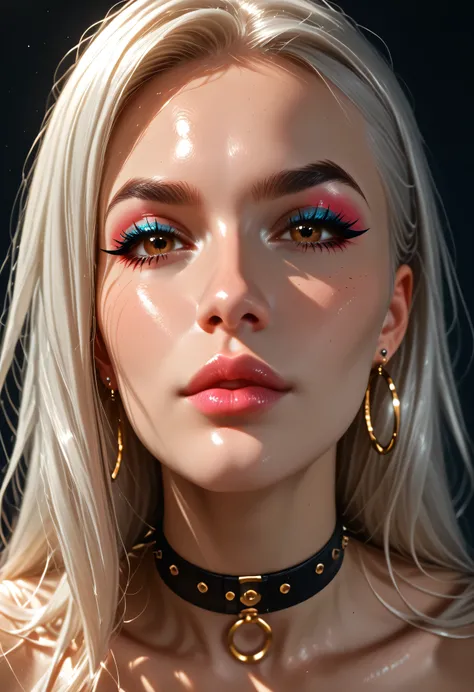 yper-realistic detail, 8K resolution, ultra-sharp focus, dramatic shadows, cinematic lighting, high fashion aesthetic, dark background, glittering skin, platinum blonde hair, highly cinematic, ethereal glow, 8K, depth of field, focused subject, dynamic ang...