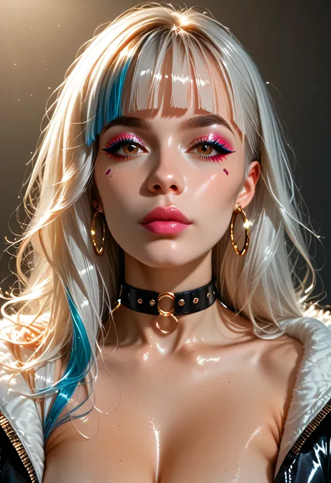 hyper-realistic detail, 8K resolution, ultra-sharp focus, dramatic shadows, cinematic lighting, high fashion aesthetic, dark background, glittering skin, platinum blonde hair, highly cinematic, ethereal glow, 8K, depth of field, focused subject, dynamic an...