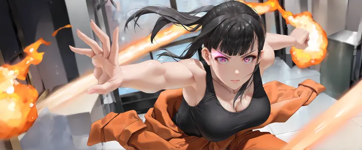 semirealistic, front view, simple dark background, bright orange flames in the background, 1 girl - Maki Oze from Fire Force, adult female, mature adult, long hair,
dark brown hair,
ponytail,
bright glowing purple eyes, glowing eye trail,
black crop tight ...