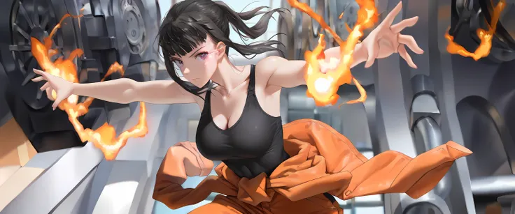 semirealistic, front view, simple dark background, bright orange flames in the background, 1 girl - Maki Oze from Fire Force, adult female, mature adult, long hair,
dark brown hair,
ponytail, glowing eye trail,
bright glowing purple eyes,
black crop tight...