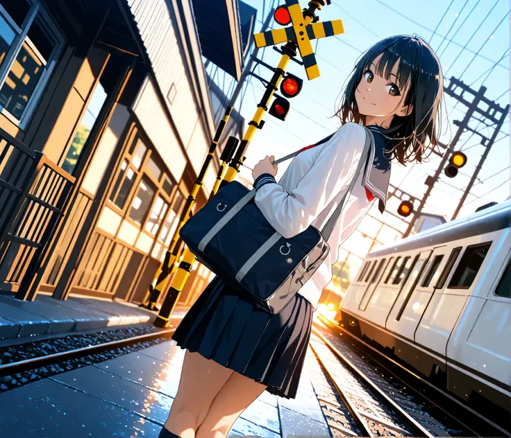 {best quality}, {very aesthetic}, {ultra-detailed}, {best illustration},  {masterpiece}, detailed, nsfw, perfect anatomy, {1girl}, black hair, medium hair, feminine, female anatomy, ideal ratio body proportions, 8 heads tall , school uniform, shoulder bag,...
