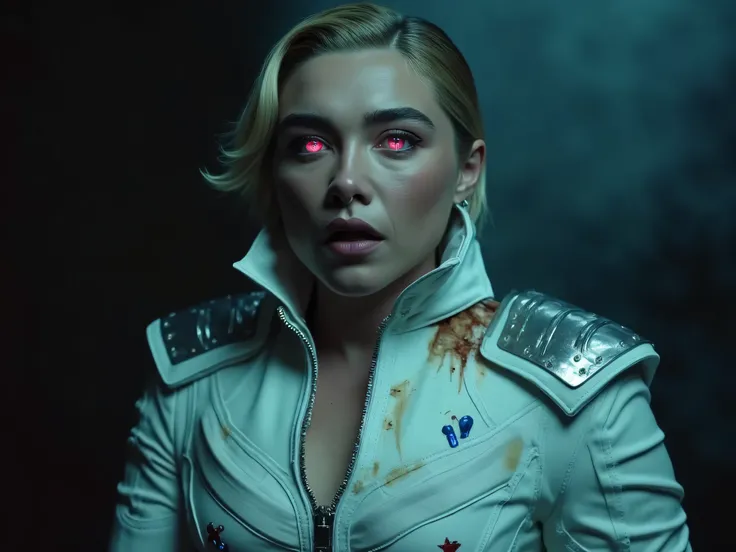 A terrifying, realistic portrait of Florence Pugh as a zombie. She has glowing red eyes filled with hunger and rage. Her skin is pale with cracked veins and light decay. Her blonde hair is parted perfectly in the middle, combed evenly to both sides, slight...