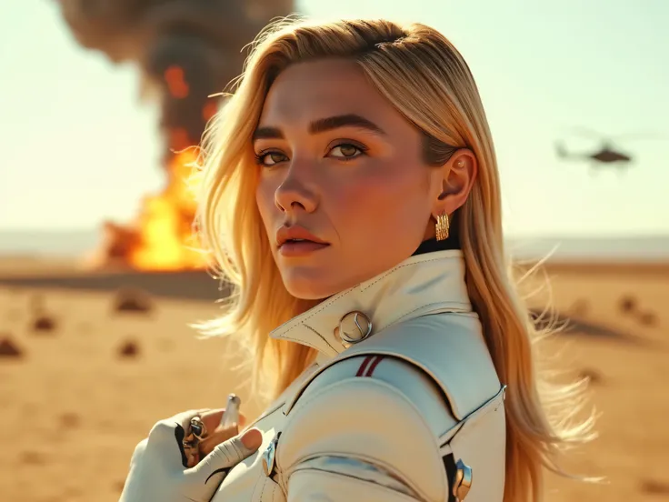 Ultra-realistic, cinematic close-up portrait of Florence Pugh standing confidently in a vast desert under a bright, scorching midday sun. The lighting is vibrant and intense, creating sharp shadows and a golden desert glow. Her facial features are hyper-de...