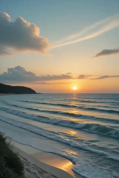 High Quality,4K,ultra-fine,Photographically Realistic,Professional,HDR,Vivid Color,sea沿いのゴルフコース, on the edge of the waves,evening,Spectacular views,sea, sandy beach,blue sky,cloud,tree々,green,Sense of luxury,quiet, calm,grace