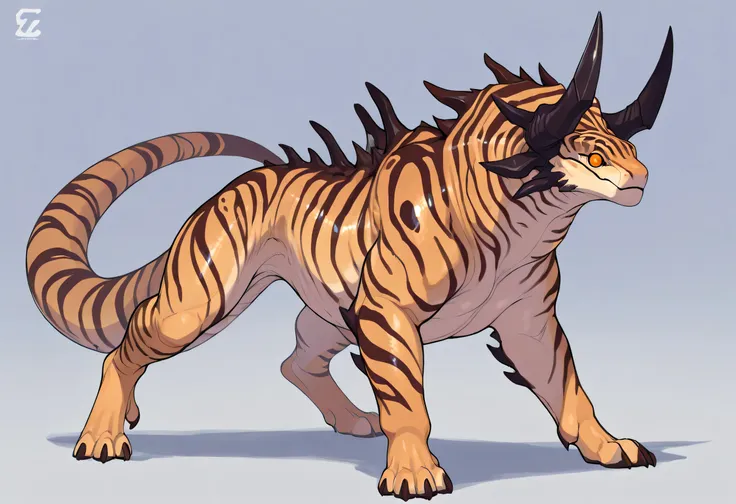 score_9, score_8_up, score_7_up, score_6_up, masterpiece, best quality, amazing quality, very aesthetic, absurdres, newest, solo, alien reptile, feral, additional eyes, xenomoprhic body, alien shape, exotic stripes, short, horns, mouth closed, rich colors