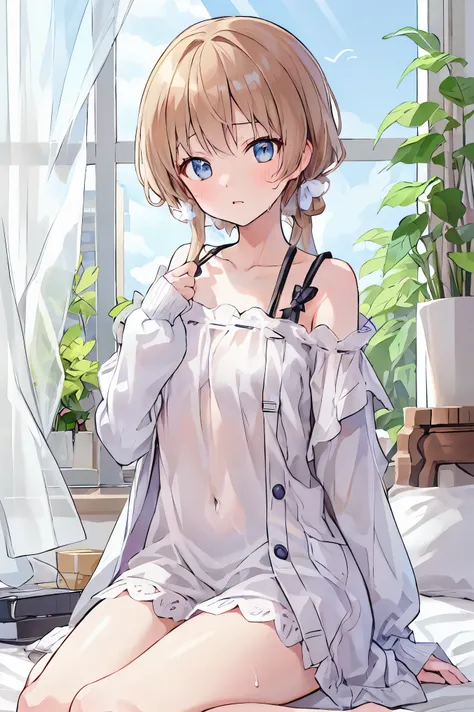 ( table top in bed)( high resolution )couple in their 20's, female1名、female向けロマンス、 Sparkling atmosphere 、Glossy appearance、 devours each other however they like、interview、 sweaty、maleがfemaleの胸や体を触る、femaleがmaleにキスをする、make、female( medium brown hair 、 A...