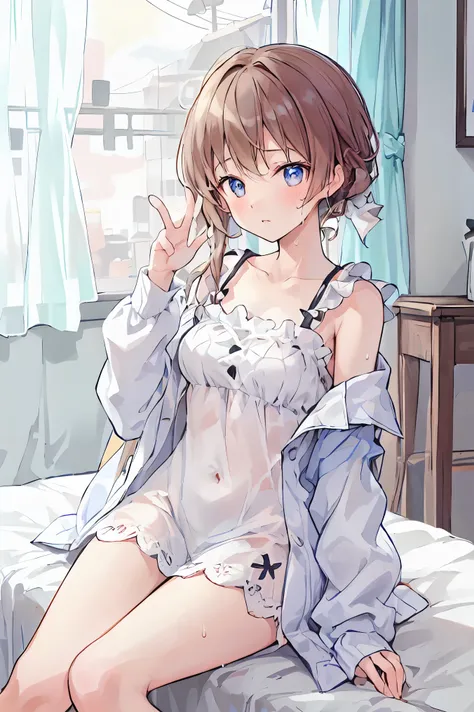 ( table top in bed)( high resolution )couple in their 20's, female1名、female向けロマンス、 Sparkling atmosphere 、Glossy appearance、 devours each other however they like、interview、 sweaty、maleがfemaleの胸や体を触る、femaleがmaleにキスをする、make、female( medium brown hair 、 A...