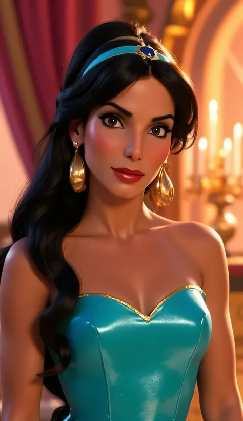 "Sandra Bullock as Princess Jasmine from Aladdin, wearing a turquoise royal outfit with gold details, long black hair styled in Jasmine's iconic ponytail, large gold earrings and headband with a sapphire gem, standing in a luxurious Arabian palace with war...